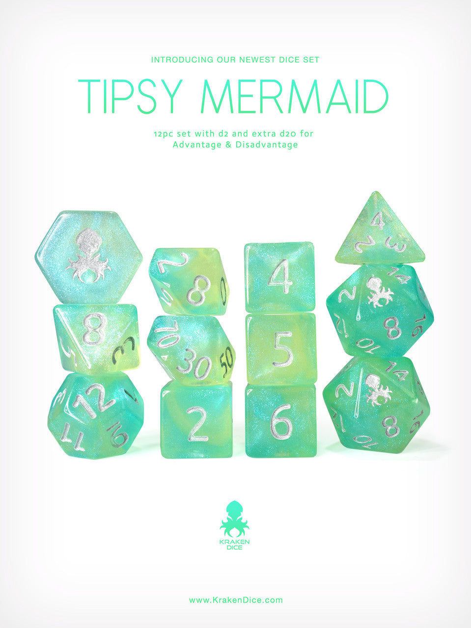 Tipsy Mermaid 12pc Glitter RPG Dice Set